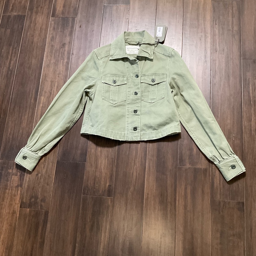 AllSaints Maisy Cotton Denim Shirt Jacket Khaki Green Long Sleeve Size 0 - Picture 1 of 8